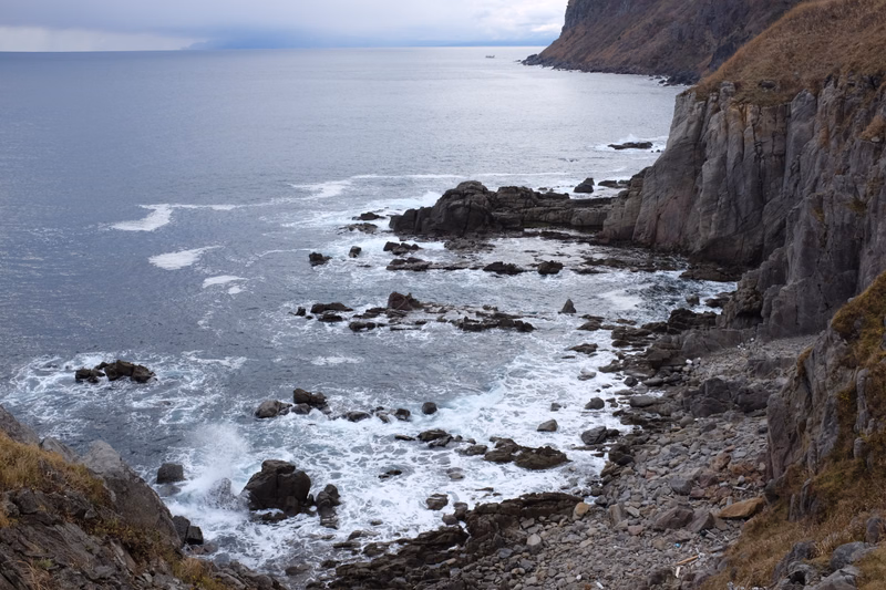 A rugged coastline featuring steep cliffs meeting the grey ocean, with rocks visible in the turbulent water.