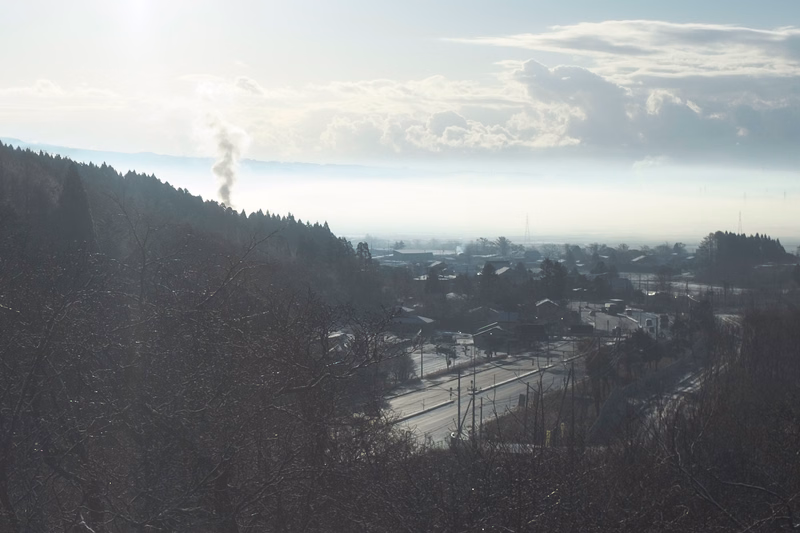 A dense layer of fog blankets a city landscape viewed from a hillside, with smoke rising from the trees.