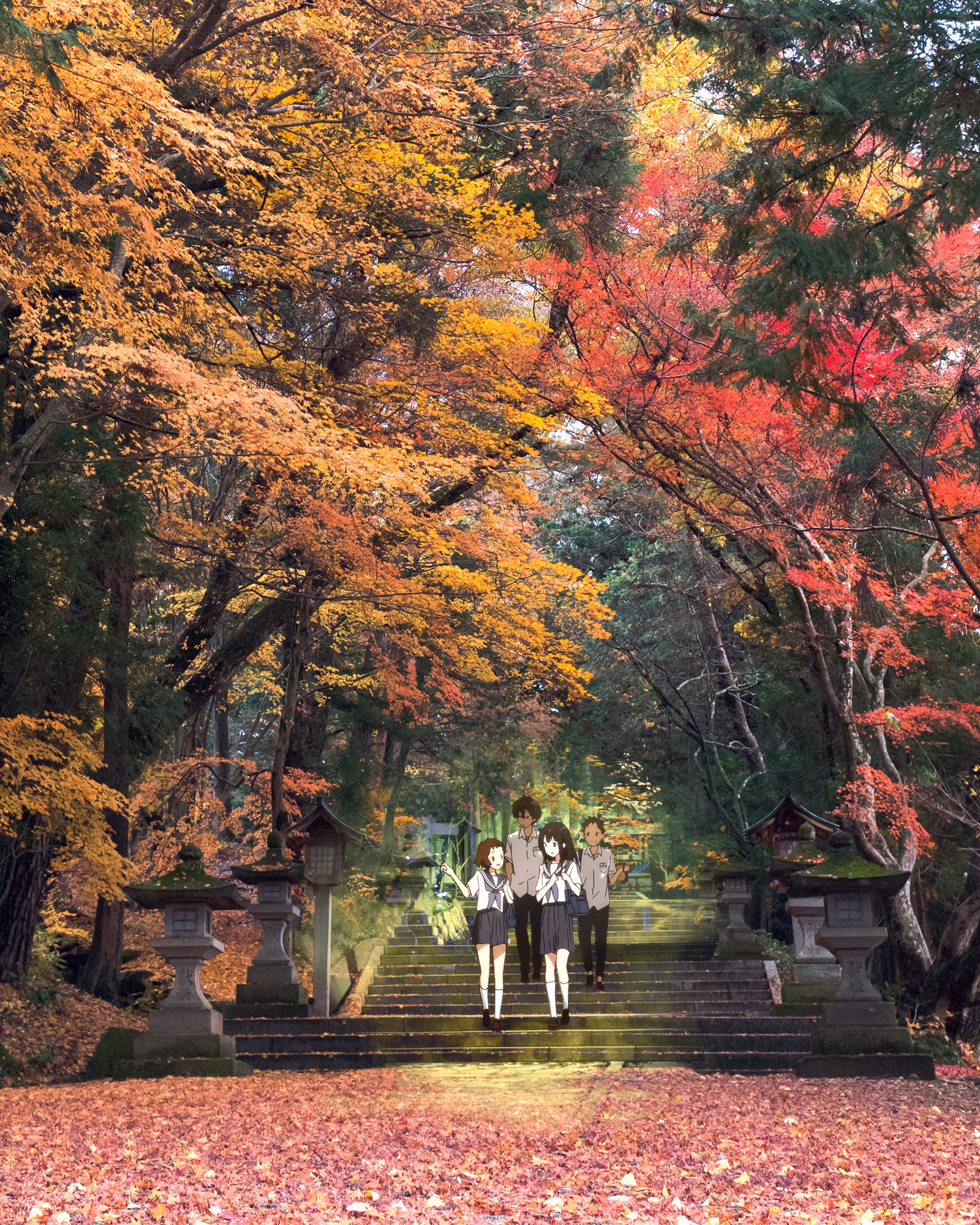 Three schoolgirls walk up stone stairs surrounded by vibrant autumn foliage in a wooded area.