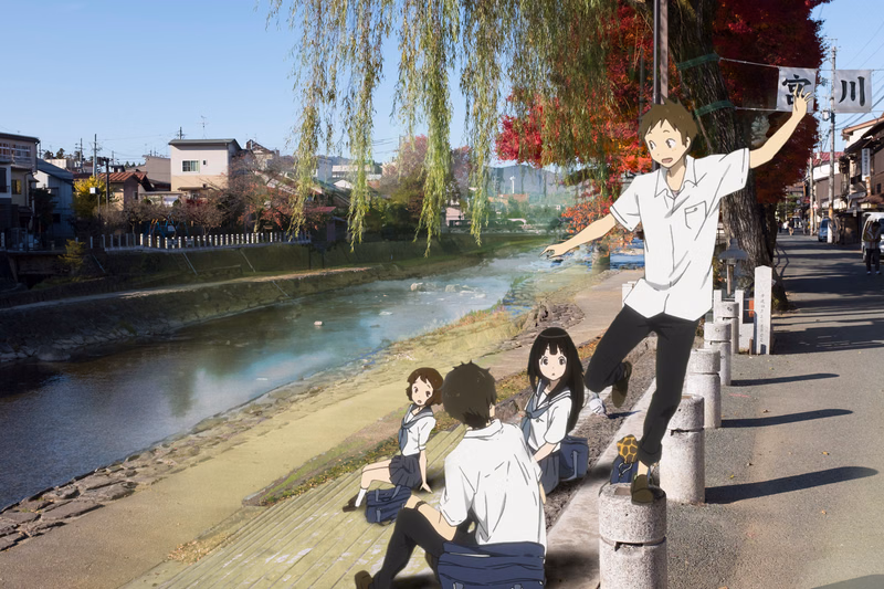 Three schoolgirls and a boy stand by a riverbank under weeping willow trees, with a sign that reads "淀川" visible.