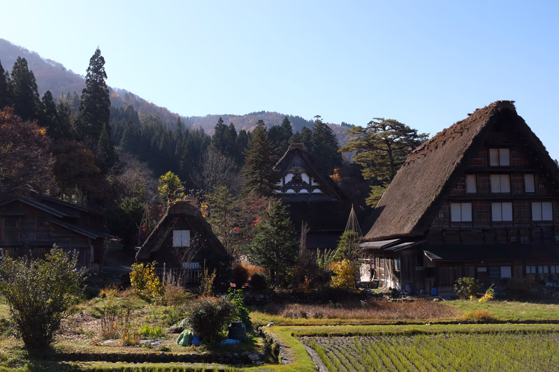 A serene landscape of traditional Japanese architecture nestled in a lush, verdant valley.