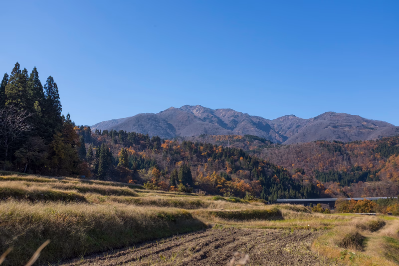 A serene autumn landscape with a mountain range in the background and a field in the foreground.