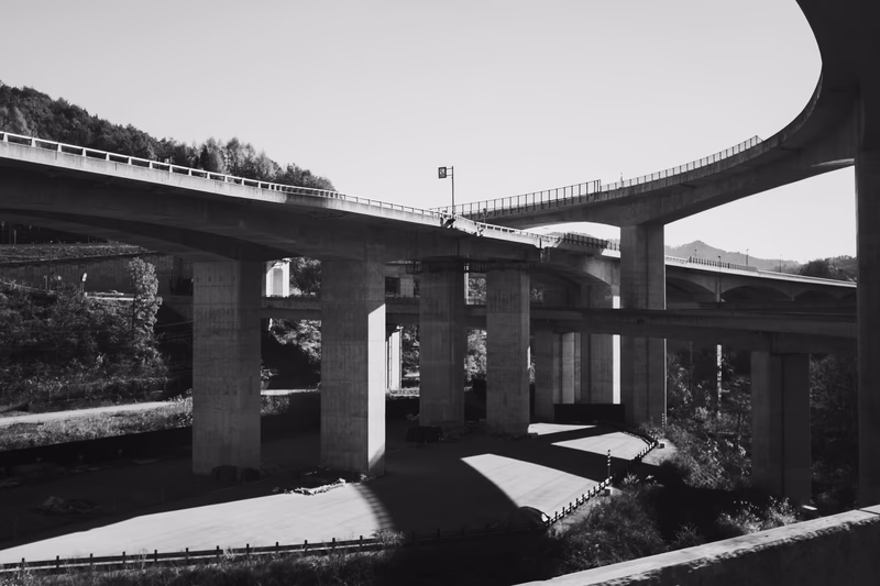 A black-and-white photograph of a complex highway interchange with multiple levels of overpasses and bridges, set against a backdrop of trees and hills.