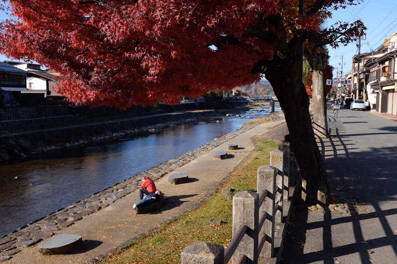 Vibrant red autumn leaves overhang a calm river next to a paved street where a person sits near the water.