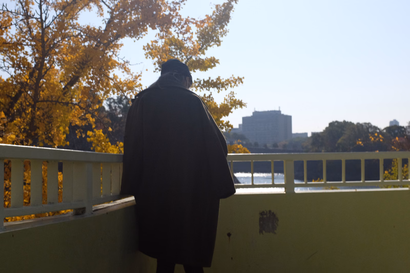 A person wearing a dark robe stands on a bridge overlooking water with autumn trees and a distant cityscape under a bright sky.