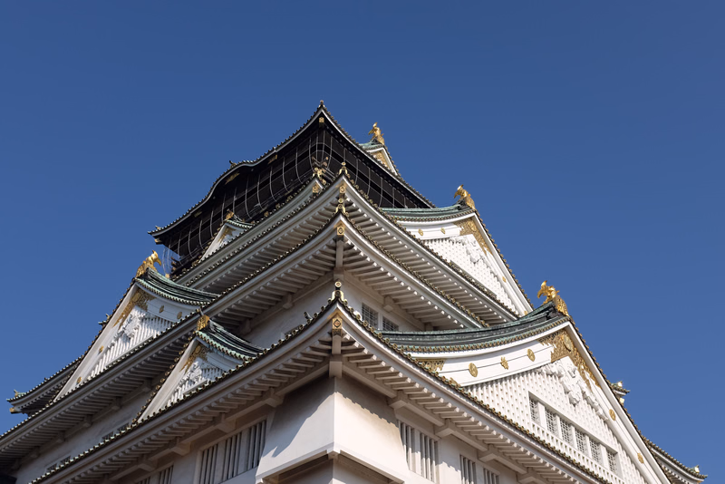 A close-up view of the tiered, dark-tiled roof and white walls of a traditional Japanese castle against a clear blue sky.