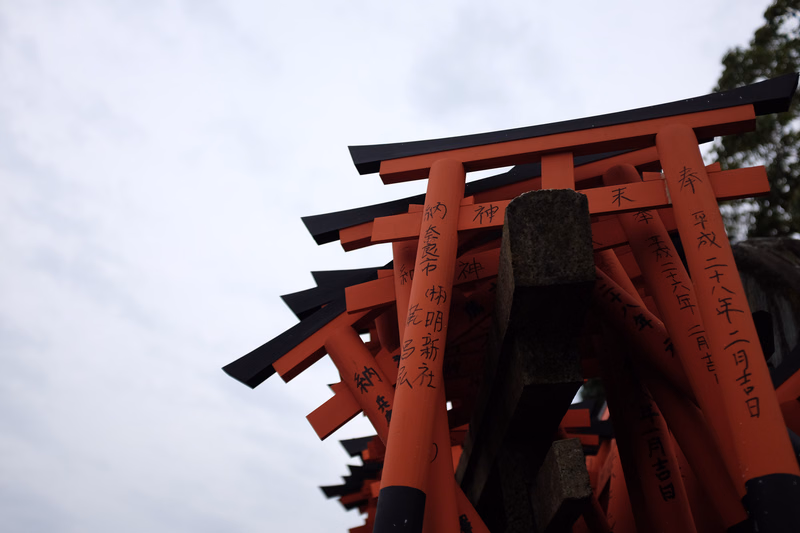 A close-up view of several bright orange torii gates at a shinto shrine against a cloudy sky.
