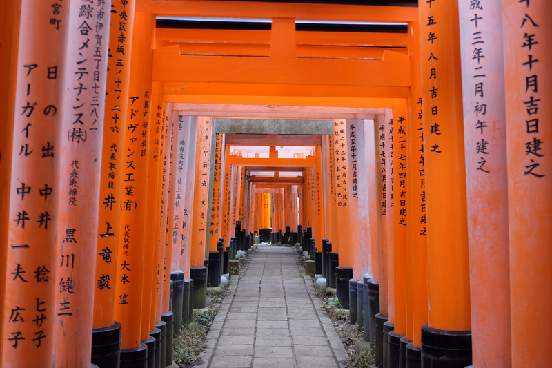 A long pathway lined with bright orange torii gates, with legible text on the pillars, including "十八年十二月吉日建立".