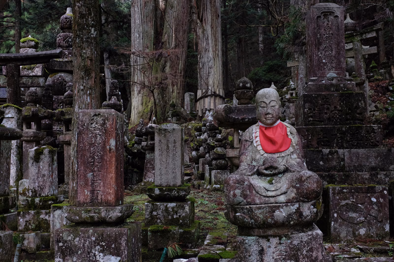 A stone statue of a seated Buddha with a red cloth sits among numerous old stone tombs in a dense forest.