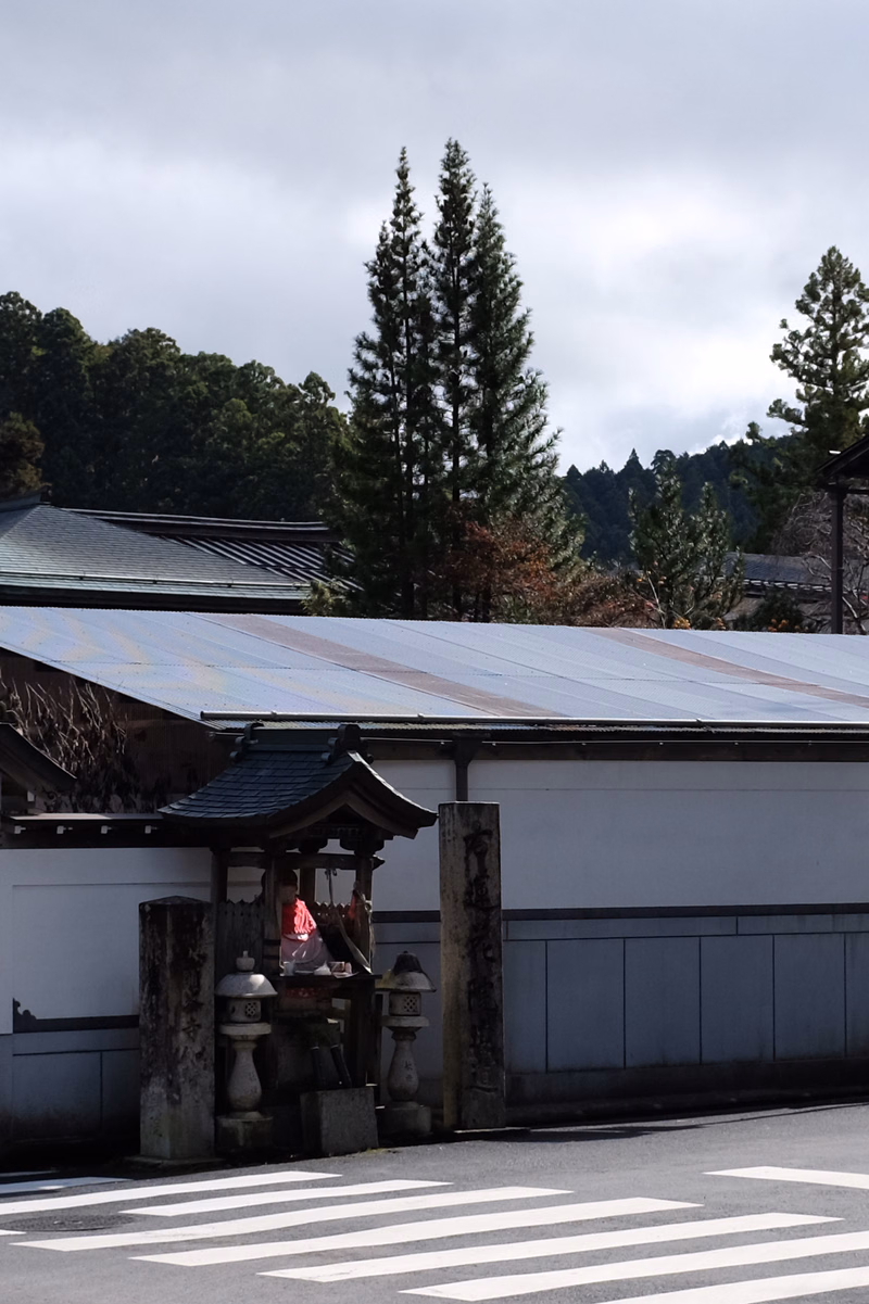 A traditional Japanese shrine building with a tiled roof stands next to a crosswalk, surrounded by tall evergreen trees under a cloudy sky.