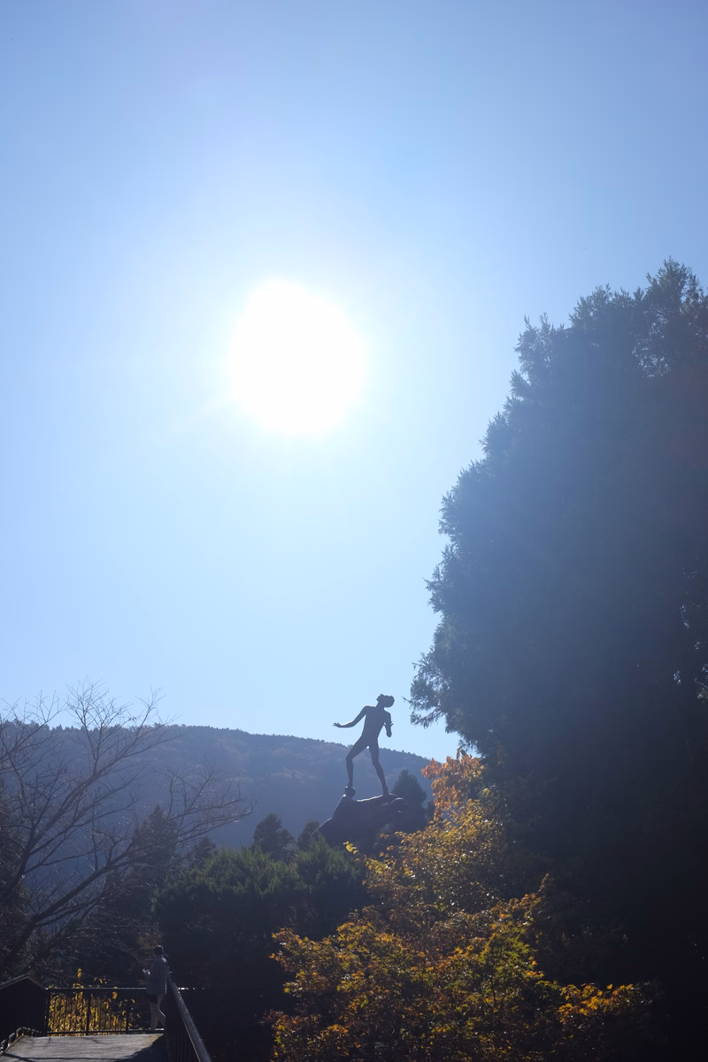 A person is silhouetted against a bright sun while standing on a rocky outcrop overlooking a mountainous landscape.