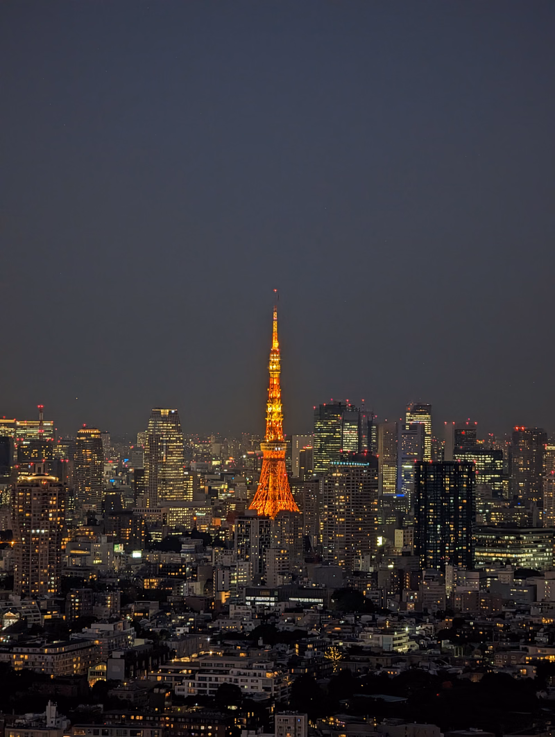 The Tokyo Skytree brightly illuminates the dense cityscape at night against a dark sky.