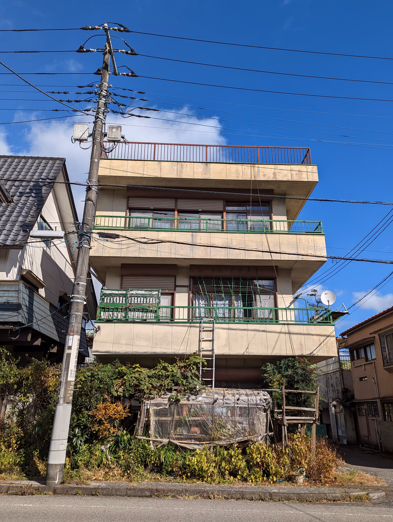 A photograph of a multi-story building with a sloped roof, surrounded by a lush green garden and a telephone pole. The building appears to be in a state of disrepair, with overgrown vegetation and a sense of neglect.