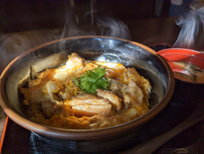 A steaming bowl of chicken stew or soup, garnished with fresh green cilantro leaves, is presented on a dark tray.