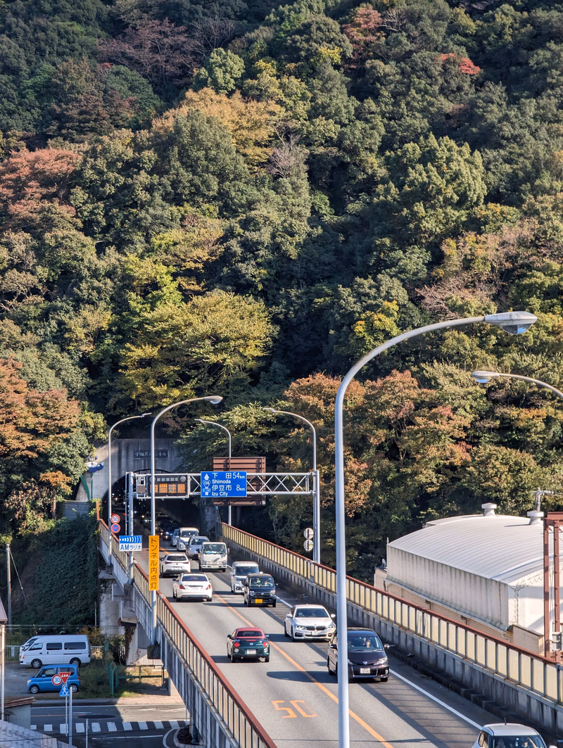 A multi-lane highway passes through a heavily forested mountain area with several vehicles visible on the road.