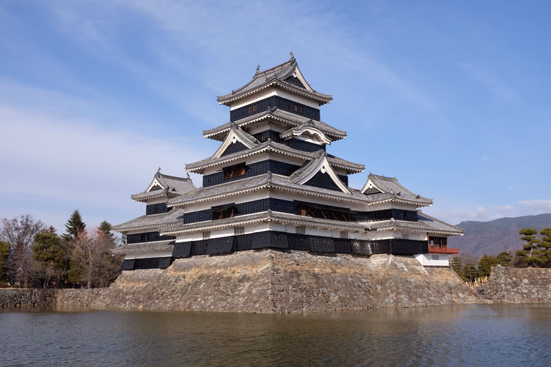 A traditional Japanese castle, known for its historical and architectural significance, situated on a small island in a serene body of water, surrounded by a stone wall, with trees and mountains in the background.