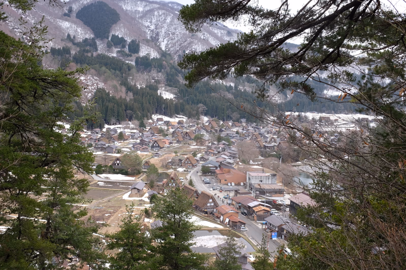A photo of a village nestled in a mountainous region with snow-covered trees and houses.
