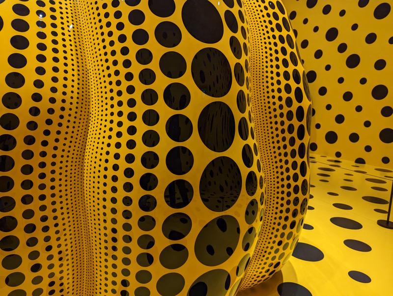 A vibrant interior space featuring curved yellow walls and floor covered in a black polka dot pattern.
