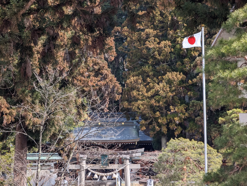 A Japanese flag flies next to a traditional temple structure surrounded by dense trees.