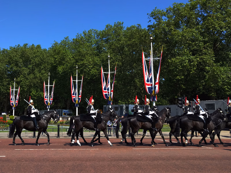 A photograph of a ceremonial parade in London, featuring soldiers on horseback and British flags, with trees and a street in the background.