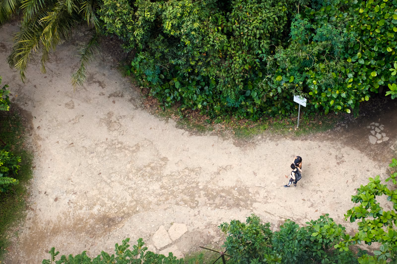 Two people walk along a dirt path bordered by dense green foliage in a tropical setting.