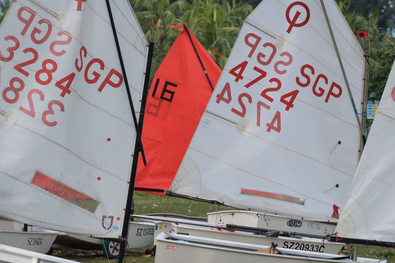 Several white and red racing sailboats are docked, with visible sail numbers like "902 SGP 3284 858" and "902 SGP 4724 AS\^A".
