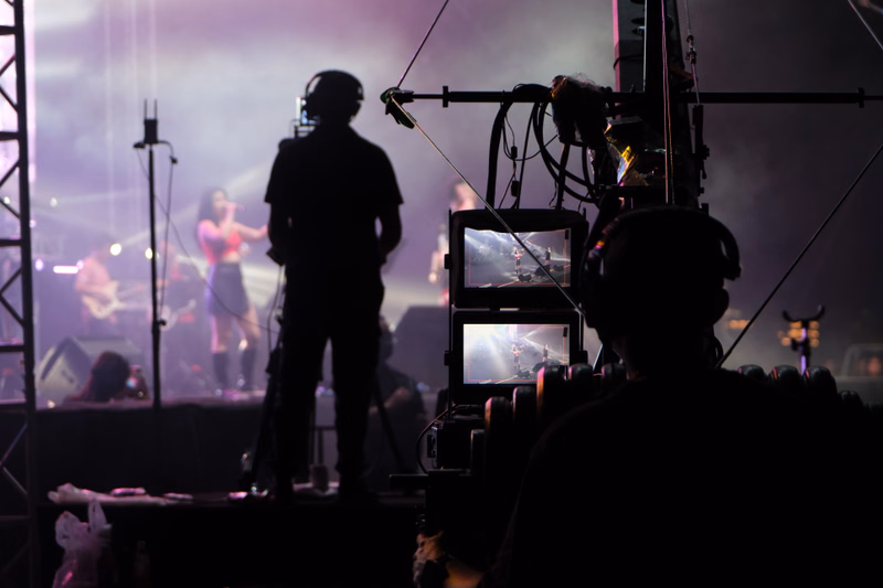 A silhouette of a musician on stage during a concert, viewed from the perspective of a person in the audience.