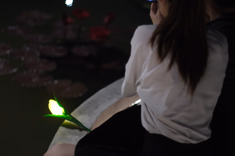 A woman sitting by a water body at night, with a glowing flower in the foreground.
