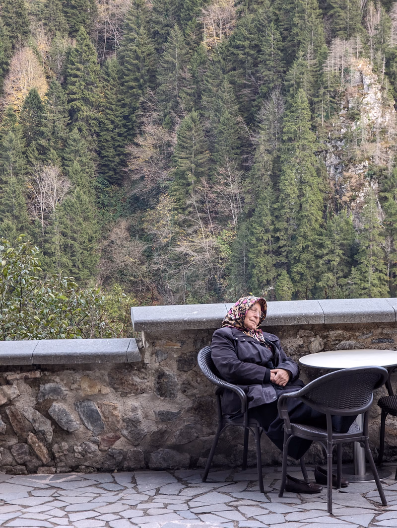An older woman wearing a patterned scarf sits at a small table outside a cafe with a dense forest backdrop.