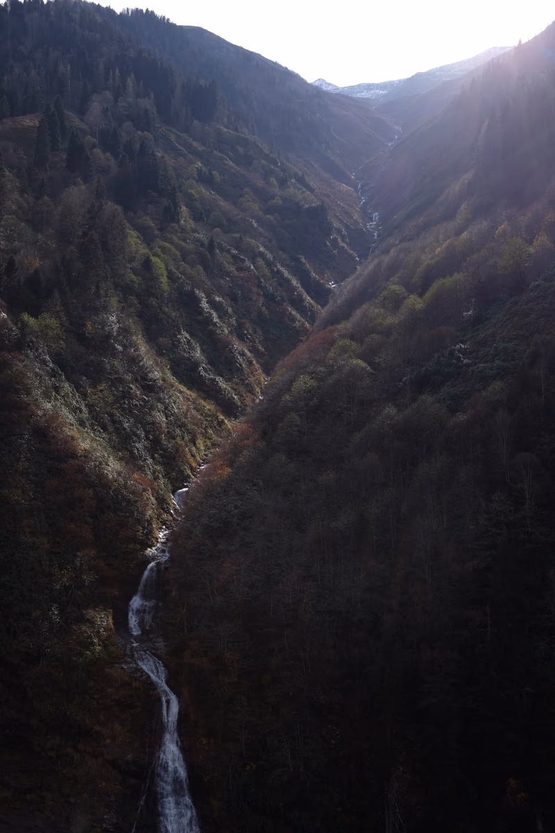 A photo of a waterfall in a forested mountain area.
