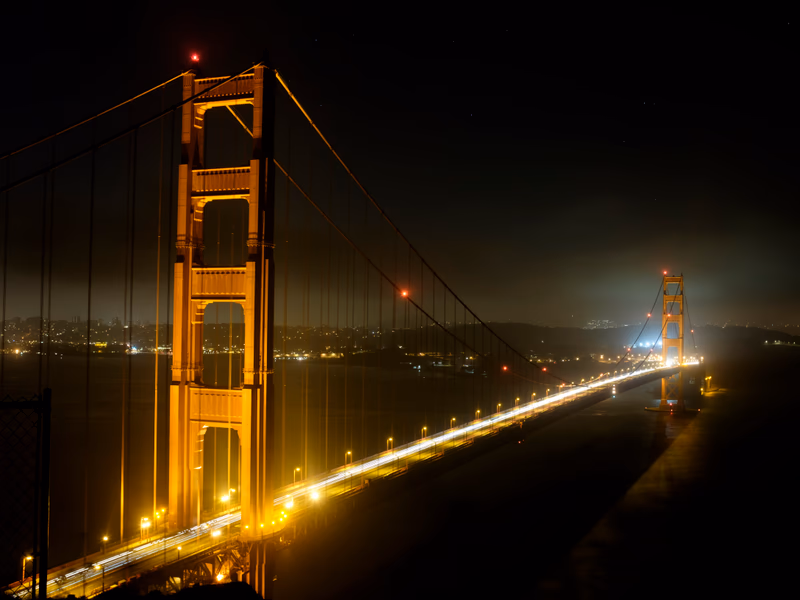 A photograph of the Golden Gate Bridge at night in Sausalito, California, United States.