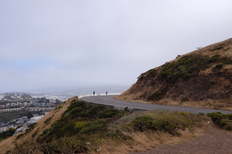 A winding road curves along a grassy hillside overlooking a distant city under an overcast sky.