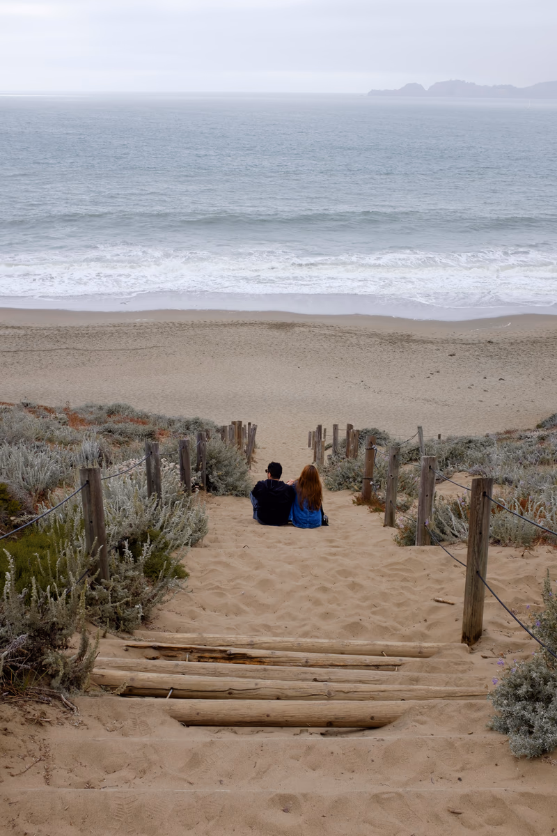 A couple sitting on a sandy beach with a wooden fence and some plants in the foreground.