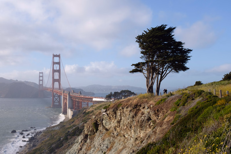 The Golden Gate Bridge is visible across the water from a grassy cliff overlooking the Pacific Ocean.