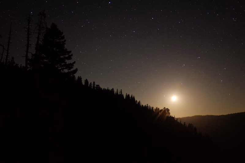 A night sky filled with stars and a bright moon shines over a dark, silhouetted hillside covered in trees.