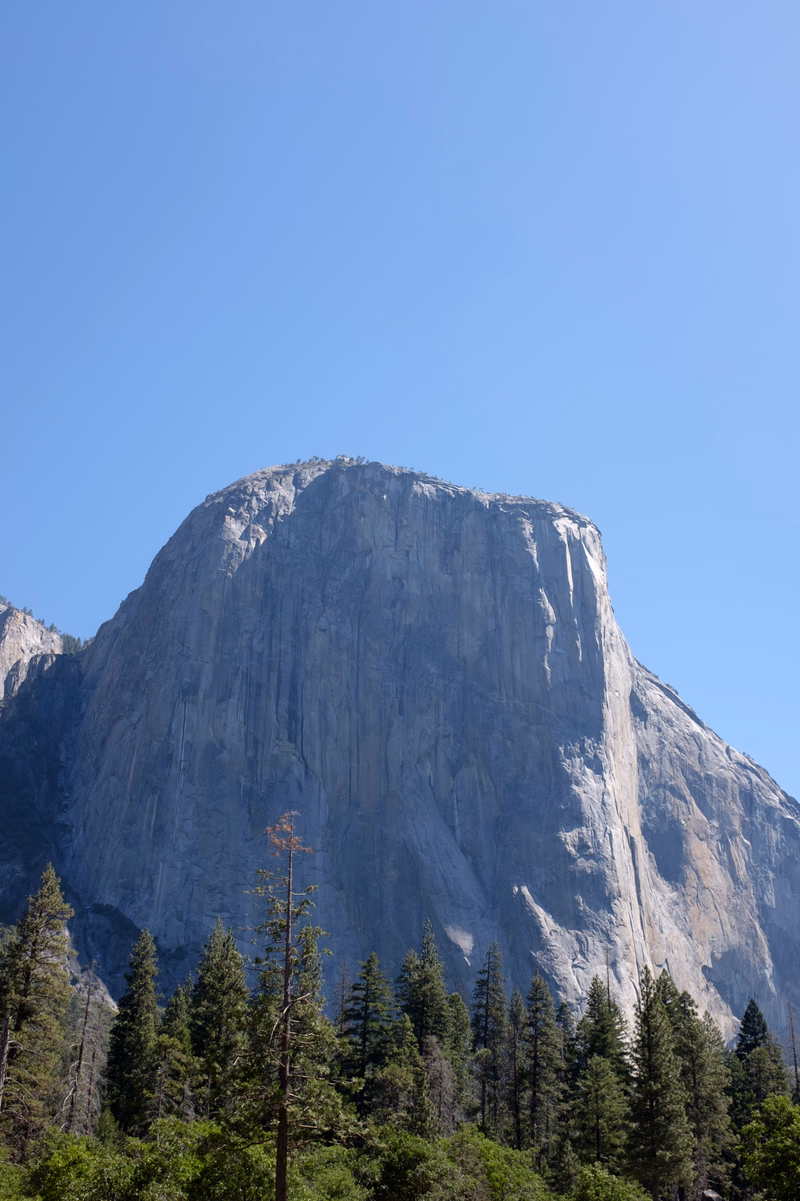 A massive granite mountain dominates the frame under a clear blue sky, with evergreen trees lining the base.
